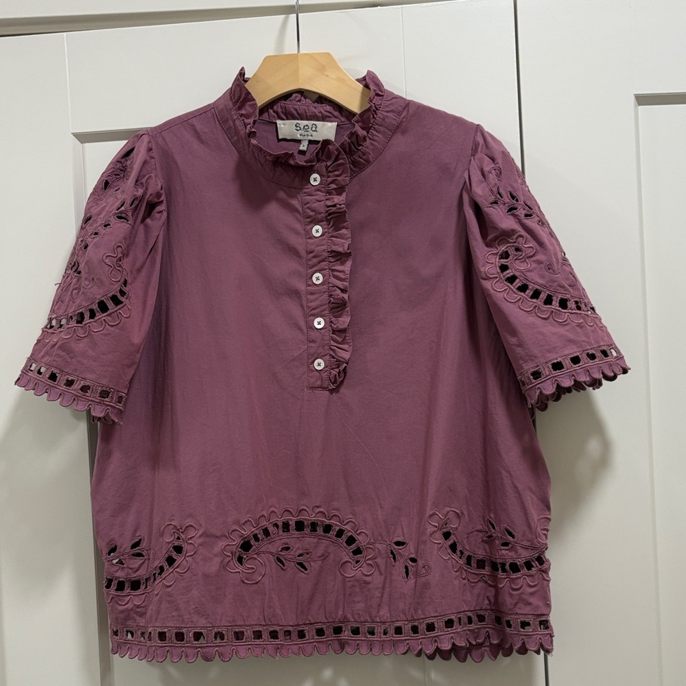 Sea New York Mauve Eyelet Ruffle Collar Blouse